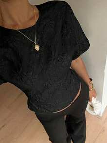 Siren Gaze 女款純色蕾絲荷葉邊圓領上衣，蝙蝠袖優雅襯衫，純色圓領荷葉邊上衣，適合電音派對、音樂節、Ibiza、Coachella，可作為外套穿著，多層荷葉邊上衣，收腰襯衫，夏季 - 黑色 - 查看 3