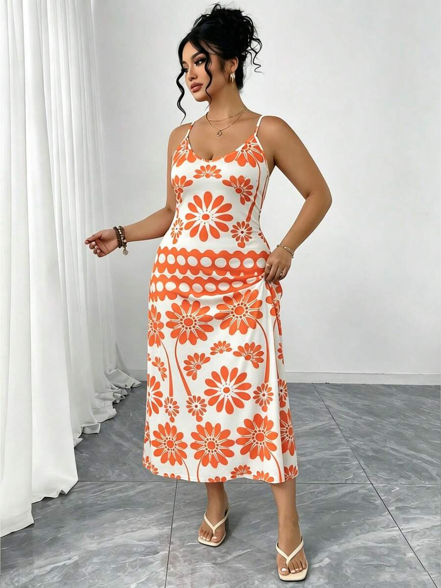 SHEIN PETITE CURVE 女士大码休闲修身度假印花连衣裙 - 橘色 - 查看 1