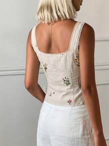 Attriella 春夏碎花刺繡碎花無袖短版上衣女款襯衫圖案T恤度假風 - 米色 - 查看 5