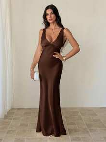 SHEIN Tall Sexy Minimalist Solid Color Dark Brown Deep V-Neck Sleeveless Backless Tie Maxi Dress, Party Night Out, Cocktail, Formal Occasions, Summer - Brown - View 4
