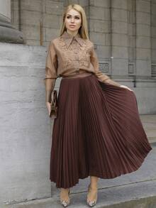 Elenary Edit Rok Lipit Model A-Line Gaya Urban, Rok Maxi Minimalis untuk Pakaian Kasual Sehari-hari - Coffee Brown - View 5