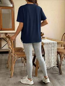 SHEIN Maternity Summer Loose Solid Color Side Slit Short Sleeve Top And Tight Pants 2pcs Set - Royal Blue - View 2