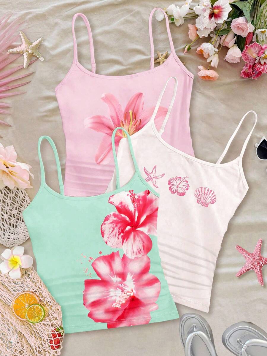 休闲度假热带花卉图案,包括芙蓉花、鸡蛋花、海星、珍珠贝壳和海滩主题,少女修身休闲运动吊带露脐上衣三件套,白色、浅粉色、奶油色可选 - 彩色 - 查看 1