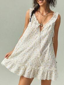 SoleilVie Women's Elegant Modest White Floral Pattern Sleeveless Short Dress Vacation Summer - Yellow - View 2