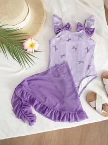 SHEIN 少女蝴蝶結條紋印花荷葉袖泳衣附遮陽裙 - 紫色 - 查看 3