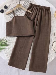 SHEIN Sparklyn Tween Girls Vacation Set,Layered Ruffle Camisole+Floral Print Wide Leg Pants,Shadesofbrown,Elegant,80s,Summer,Beach,Vacation,Suitable For Daily Outing - Coffee Brown - View 2