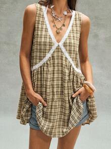 Bohemela Casual Woven Plaid V-Neck Mini Dress For Women - Yellow - View 4
