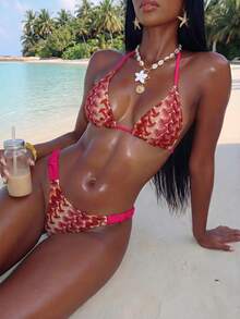 Swim Vcay Women's Spring/Summer New Bikini Swimsuit, Beach Vacation Fashion Sexy Backless Special Fabric Rose Red Two Pieces Swimwear Set - Multicolor - View 9