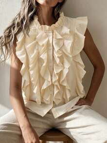 Balvessa Vacation Casual Style Linen Front Ruffle Detail Open Front Sleeveless Shirt - Apricot - View 7