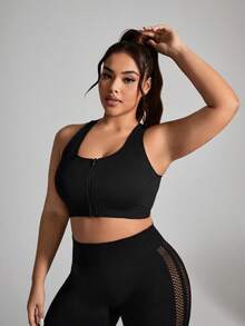 SHEIN Rhythm Era 女款大尺碼無縫黑色固定杯棉質拉鍊運動內衣 - 黑色 - 查看 3