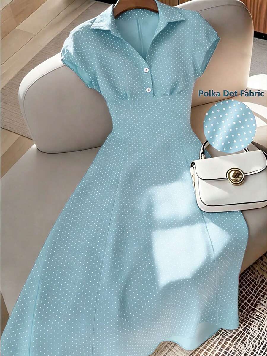 Franclia 大尺碼女款新款短袖優雅復古法式風洋裝,藍白波點波點波點襯衫領收腰A字長洋裝,義大利鄉村度假風,夏季新款下午茶約會晚宴茶會中長洋裝,優雅女裝夏季洋裝 - 淺藍色 - 查看 1