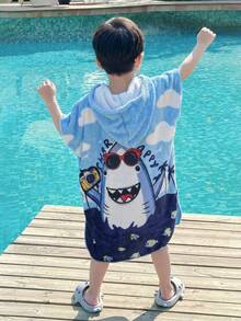 SHEIN Little Byeori Kinder/Jungen Süßer Lässiger Flanell Cartoon Muster Locker Kapuzen Bademantel, Geeignet für Strand, Spa, Schwimmen - Blau - Übersicht 4