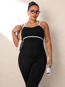 SHEIN Rhythm Era جمبسوت رياضية يومية مقاسات كبيرة للنساء - الأسود - مشاهدة 5