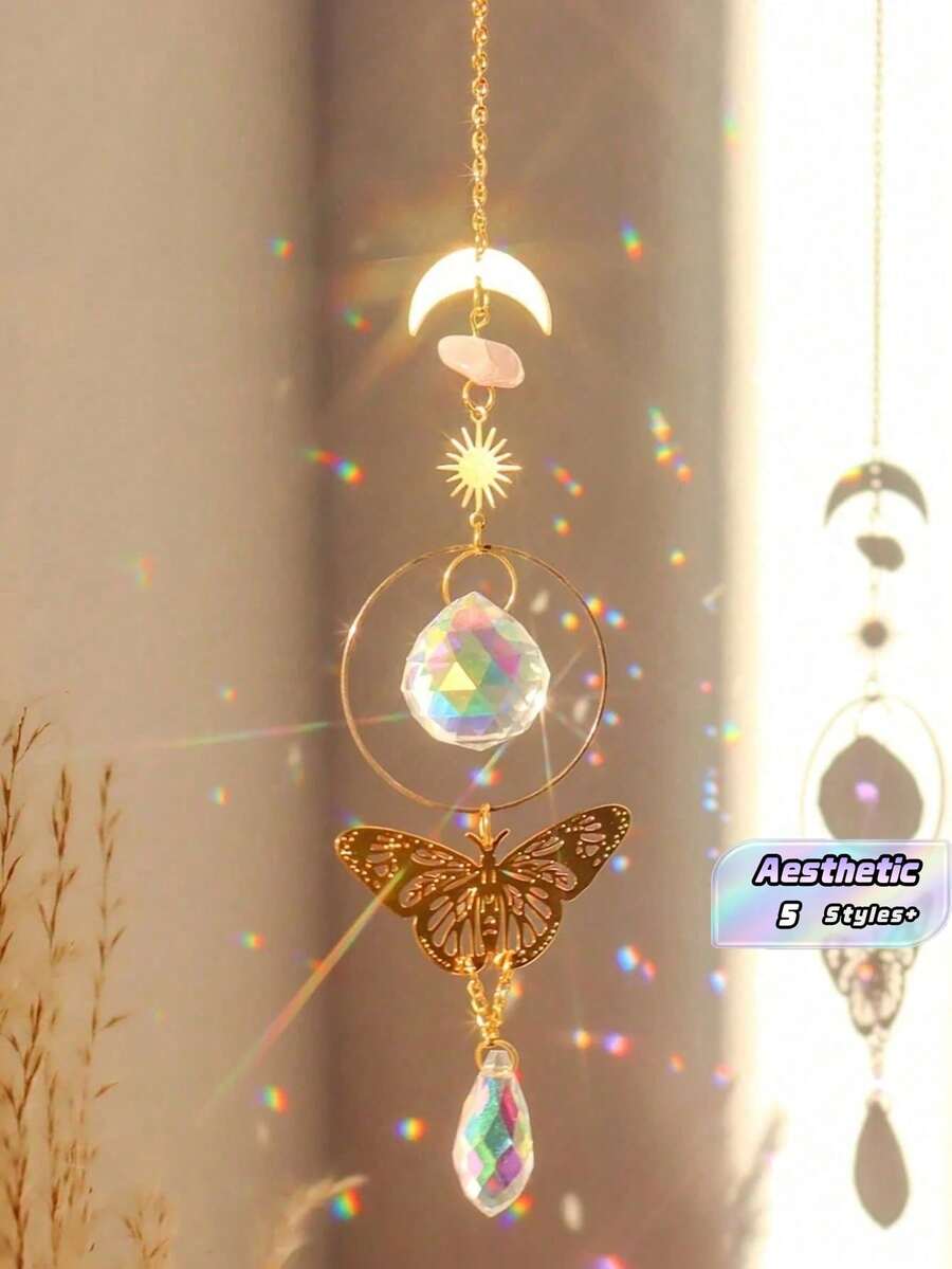 1pc Butterfly & Moth & Crystal Sun Dreamcatcher With Rose Quartz & Raw Stone For Window & Room Decoration,Home Decor ,Room Decor,Wall Decor Gifts Birthday Graduation - Multicolor - View 1