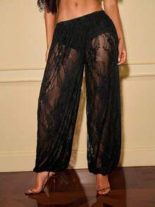 SHEIN ICON Women's Summer Sexy Sheer Lace Elastic Waist Lantern Pants Pool Party Black - Black - View 4