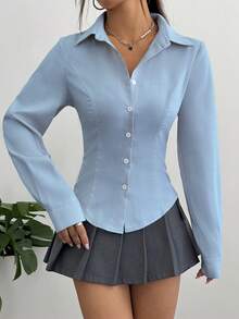 Sweetra 女款春秋休閒日常通勤簡約素色長袖修身襯衫 - 水鴨藍 - 查看 4
