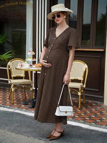 Momance Printed Polka Dot Split Long Ruffle Sleeve Casual Split Maternity Dress - Brown - View 2