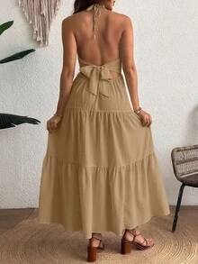 Cheriluna Maternity Comfortable Halter Backless Maternity Dress - Yellow - View 2