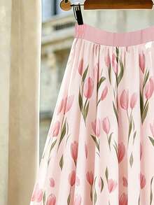 SHEIN PariChic Women's Floral Print Vacation A-Line Skirt Gentle Tulip Print Autumn Pink Elegant Casual Suitable For Holidays Workplace Daily Wear Graduation Party - Pink - View 6