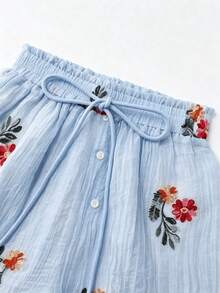 GlowEve 女款休閒碎花刺繡雪紡蝙蝠袖上衣短褲套裝 - 藍色 - 查看 7
