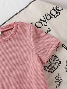 SHEIN Genkimix Kids 女童淺粉色極簡短袖套裝，舒適溫柔可愛，適合日常穿著、家庭度假，春夏季 - 西瓜粉 - 查看 10