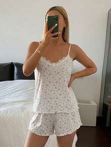 DAZY 2件組甜美花卉蕾絲拼接細肩帶上衣與直筒短褲女款睡衣套裝，夏季 - 白色 - 查看 4