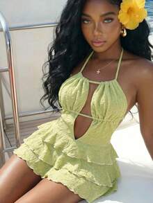 Slaydiva Women's Lime Green Textured Halter Romper, Cut Out Front Ruffle Tiered Short Jumpsuit, Club Party Night Out Outfit-A - Green - View 4