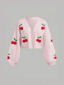 SHEIN Girlism 青少年女孩粉紅色紅色可愛櫻桃水果圖案刺繡百搭外出針織開襟外套 - 粉色 - 查看 8