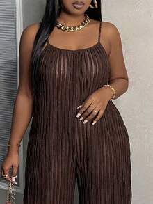 EMERY ROSE Plus Size Pleated Striped Jumpsuit, Loose Wide Leg Pants - Brown - View 3