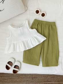 SHEIN 2pcs/Set Baju Bayi Perempuan Musim Panas Kasual Lucu Manis Atasan Tank Top dengan Pita & Celana Panjang Pinggang Elastis - Lime Green - View 2