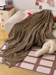 1pc Small Square Checkered Woven Sofa Blanket, Casual Style Polyester Rectangular Tassel Throw For Nap Or Daily Use At Office - Brown - View 2