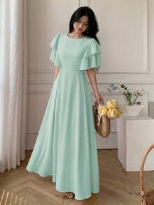 Celisse Round Neck Double Ruffle Sleeve Cinched Waist Back Zipper Long Dress For Women - Mint Blue - View 3