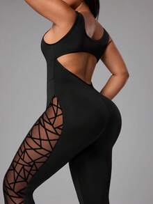 SHEIN Rhythm Era Plus Size Women Geometric Mesh Patchwork Jumpsuit - Black - View 6