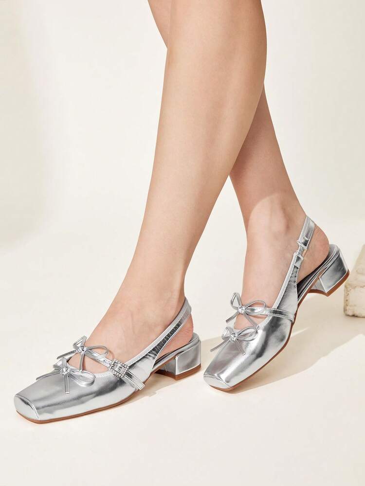 CUCCOO CHICEST Women Shoes Spring And Summer New Double Bow Diamond Buckle Elegant Sexy Square Toe Thick Heel Short Heel Cute Gorgeous Silver Women High Heel Shoes Party Commute