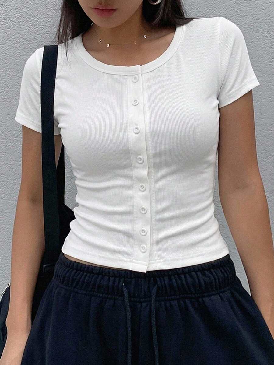 DAZY 女款純色圓領單排扣休閒短袖T恤 夏季 - 白色 - 查看 1