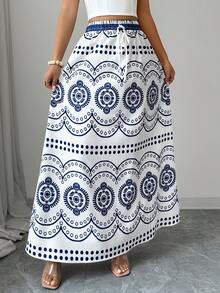 Elenzga Summer New Bohemian Style Boho White Elastic Waist Tie A-Line Skirt, Vacation Style Full Flare Print Long Skirt, Beach Style Totem Print - Blue and White - View 6