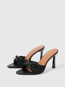 Sleekvia Women's Pointed Toe Bow Decor Stiletto Heel Elegant Romantic Beige Fabric High Heel Sandals, Suitable For Dress, Bride, Bridesmaid, Afternoon Tea, Date, Fashion Party, Wedding, Vacation For Christmas Elegant Shoes Wedding Shoes Summer Shoes Bride Shoes - Black net - View 8