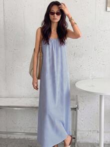 SHEIN LUNE Women Blue And White Stripe Loose Casual Coastal Minimalist Spaghetti Strap Mid-Length Dress Brunch Vacation Summer Cotton Material Beach - Blue and White - View 7