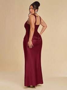 SHEIN BAE Elegant Mesh Ribbon Pleated Dress, Plus Size - Burgundy - View 2