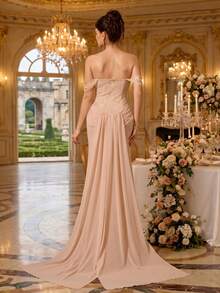 Coutiva Đầm dạ hội cao cấp trễ vai dành cho nữ, đầm thanh lịch đính sequin lấp lánh. - Màu be - Xem 3