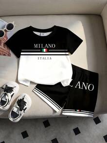 Souflis Souflis SHEIN 2件組男嬰休閒時尚度假格紋字母印花 MILANO, ITALIA 圓領短袖T恤與配套經典大字母印花短褲休閒套裝，夏季套裝，夏季，戶外，運動，適合戶外，運動，校園穿著，春/夏，韓系風格，返校，舒適易穿，時尚嬰兒，男童T恤，男童短褲，兒童圖案複製，新風格，春季氛圍與夏季度假氣息，返校，戶外活動，聚會，野餐，街拍，節日場合與禮物 - 彩色 - 查看 3