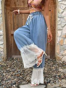 Sunnyshic Women's Drawstring Waist Lace Patchwork Casual Versatile Daily Wear Wide Leg Jeans - Blue - View 1