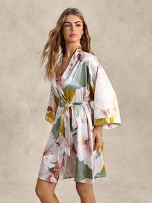 EverLounge Floral Print Drop Shoulder Belted Satin Robe Without Lingerie Luxe Loungewear, Fall, Winter - Multicolor - View 5
