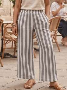 Light Lino Striped Wide Leg Pants - Summer Style With Elastic Waist - Grey - View 4