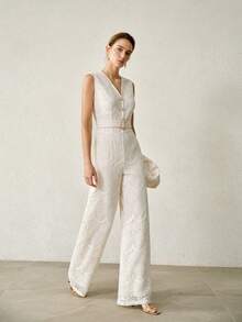 MOTF PREMIUM FRENCH CHIC DESIGN DECORATIVE BELT V-NECK SLEEVELESS HIGH WAIST SLIMMING WIDE LEG WOMEN JUMPSUIT - Apricot - View 2