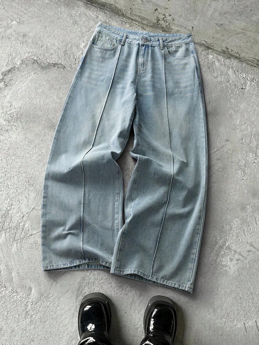 NEON BLANC Celana Jeans Denim Washed dengan Jahitan Depan untuk Pria, Gaya Kasual Street, untuk Perjalanan Sehari-hari - Biru - View 1