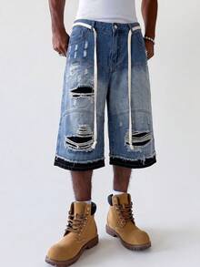 PAVTROS Men's Versatile Distressed Frayed Hem Pocket Button Denim Capri Pants - Light Wash - View 4