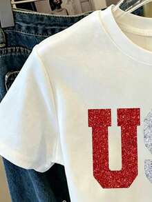 Girls' White Short Round Neck T-Shirt With USA Letter Print, Suitable For Outings And Streetwear, Spring, Summer, Autumn - Multicolor - View 5