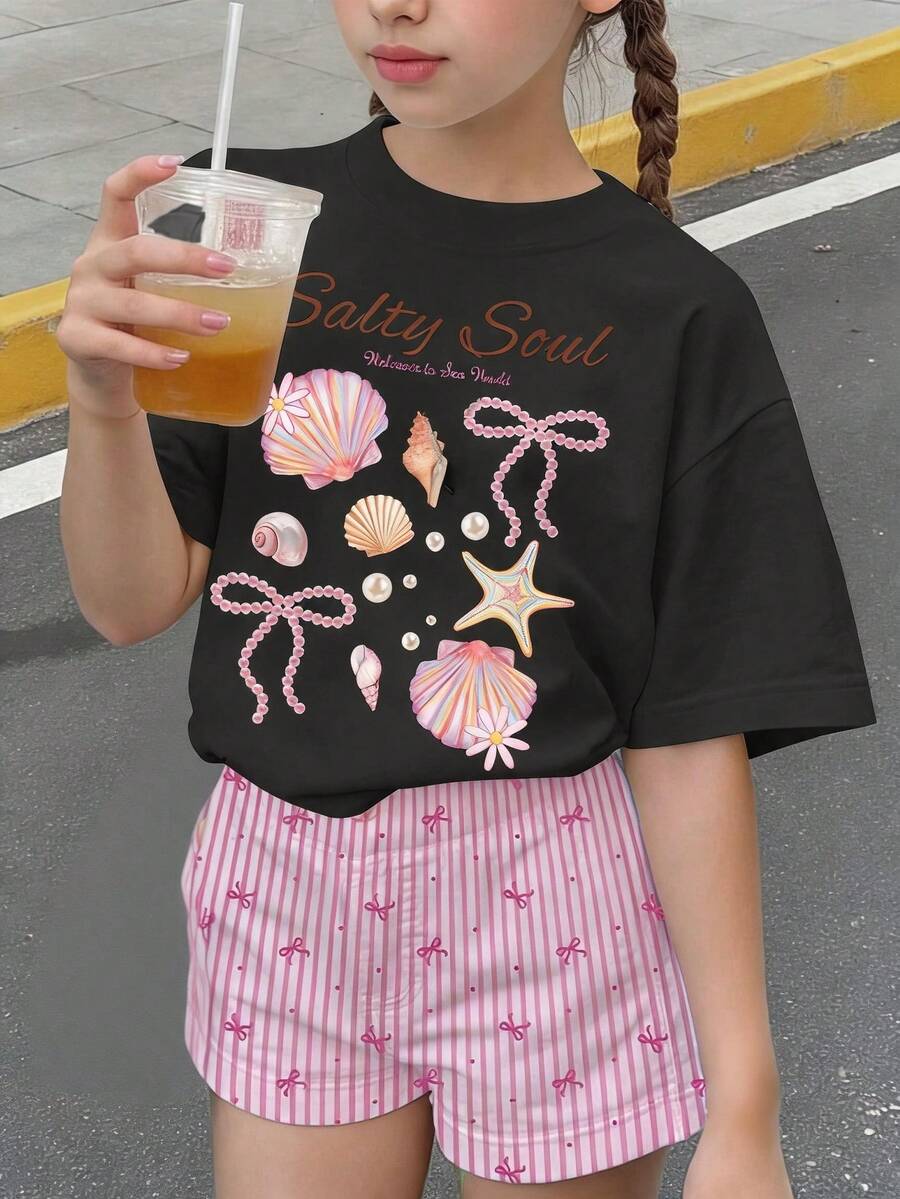 青少年女孩乳白色與亮粉色蝴蝶結條紋、海灘度假風「Salty Soul」甜美海星貝殼仿珍珠蝴蝶結圖案,青少年女孩休閒極簡圓領短袖T恤與短褲2件套,適合春/夏日常穿著 - 彩色 - 查看 1