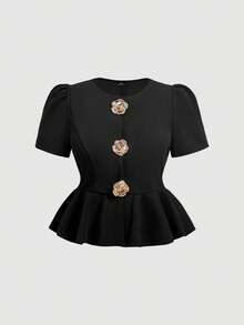 SHEIN MOD Plus Size 3D Floral Decor Ruffle Hem Black Top, Commuter Elegant, Urban Modern, Minimalist Vintage - Black - View 5